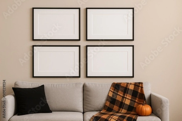 Fototapeta Modern living room setup featuring a frame mockup designed for Halloween decorations, blending contemporary style with festive spirit. Perfect for creating a spooky atmosphere.