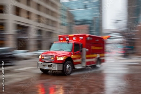 Fototapeta A red ambulance speeds through a city street on a rainy day, responding to an emergency with blurred surroundings indicating motion