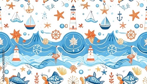 Fototapeta Nautical pattern with sea creatures and marine symbols