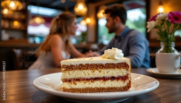 Fototapeta Romantic Dinner: A slice of delectable cake is the centerpiece of a romantic scene, set within a cozy cafe. A blurred couple is enjoying a private moment of connection.