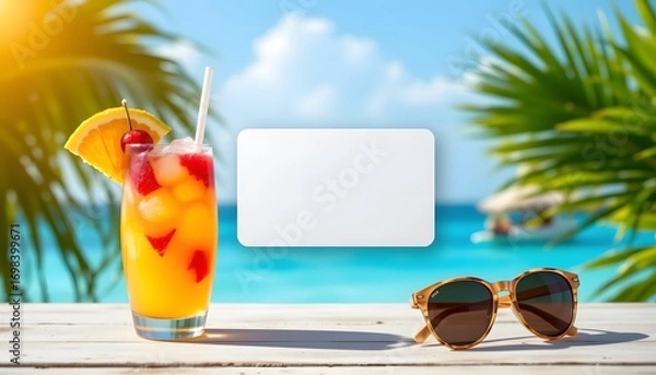 Fototapeta Tropical Escape: Refreshing cocktail and sunglasses sit invitingly on a wooden table, with the backdrop of a beautiful beach, conveying a sense of relaxation and summer bliss. 