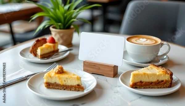Fototapeta Sweet Indulgence: A cozy scene set at a marble table, featuring delicious cheesecake slices, a steaming latte, and a verdant plant. An invitation to savor the moment.