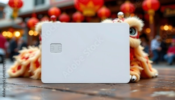 Fototapeta Credit Card with Cultural Backdrop: The image captures a pristine credit card nestled amidst a vibrant scene of cultural festivities.