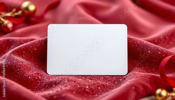 Fototapeta Elegant Festive Card: A blank card rests atop luxurious red fabric, adorned with festive ornaments and ribbons, perfect for conveying holiday greetings. 