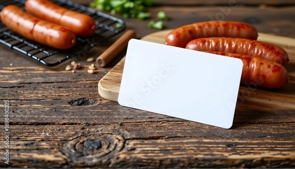 Fototapeta Grill Sausage with Name card: A close-up image features grilled sausages, the savory stars of a culinary composition.