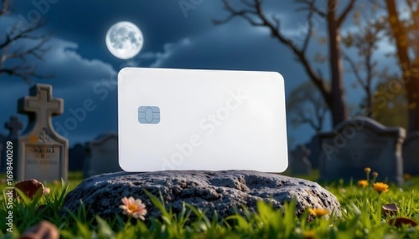 Fototapeta Death of Debt: A stark image depicting a credit card resting atop a tombstone in a graveyard, set under a moonlit sky with an aura of financial burden and mortality.