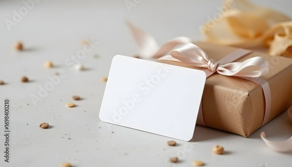 Fototapeta Gift and Blank Card: An elegant gift box tied with a delicate ribbon and adorned with a blank card, perfect for adding a personalized message. A symbol of thoughtfulness.