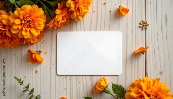 Fototapeta Blank Card with Orange Flowers: A beautifully arranged flat lay of orange flowers and a blank card on a light wood surface, perfect for a personalized message or design. 