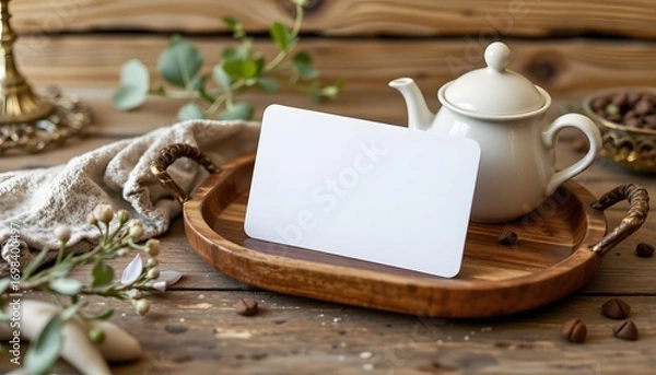 Fototapeta Tea Time Serenity: An inviting still life scene of a teapot, blank card, and wooden tray, evoking feelings of calmness and relaxation.