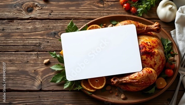 Fototapeta Thanksgiving Feast: A festive Thanksgiving turkey, adorned with herbs and trimmings, sits on a rustic wooden table, accompanied by vibrant seasonal elements, awaiting a gathering to commence. 