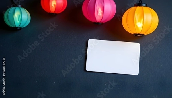 Fototapeta Illuminated lanterns with blank card: Four vibrant lanterns illuminate a dark, textured backdrop, a blank card beneath suggests space for personalization.