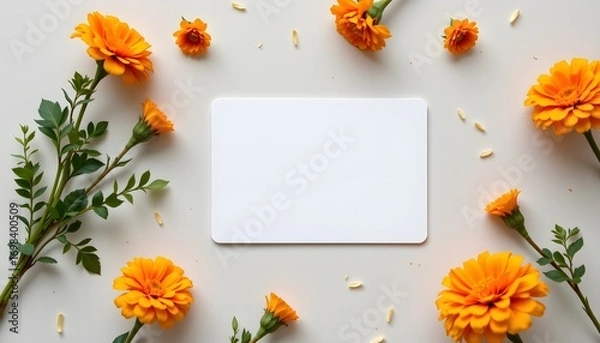 Fototapeta Floral Elegance: A captivating composition featuring vibrant orange flowers delicately arranged around a blank rectangular card. This photo offers a refreshing and visually pleasing feel.