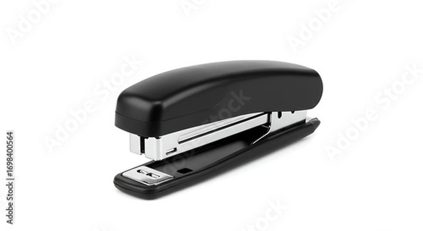 Fototapeta A Contemporary Office Essential: Close-Up View of a Sleek Black Stapler on a Crisp White Backdrop, Ready for Document Organization