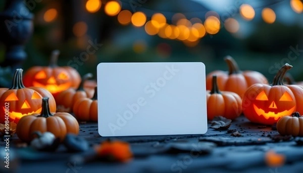 Fototapeta Halloween Night: A captivating autumn scene unfolds under the soft glow of the evening. Carved pumpkins, illuminated with flickering light, create a warm and inviting atmosphere.