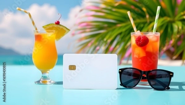 Fototapeta Tropical Refreshment with Credit Card: Indulge in a vibrant scene of tropical paradise, where colorful cocktails and sleek sunglasses complement the prominent display of a credit card.