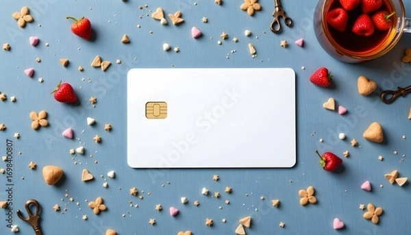Fototapeta Credit Card and Desserts: A neatly arranged shot presents a credit card, surrounded by an assortment of delectable treats, embodying the synergy of finance and pleasure.