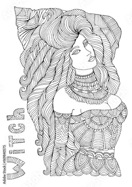 Obraz Vector young attractive witch in a high hat with curls hair. Halloween costume party. Pattern coloring page A4 size.