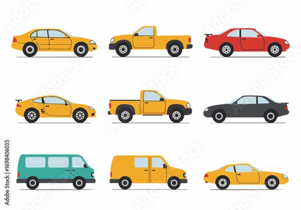Fototapeta Flat Design Vehicle Collection: Diverse Cars, Pickup Trucks, and Vans for Transportation Concepts on White Background.
