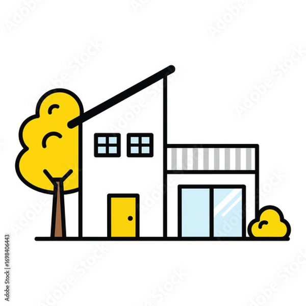 Fototapeta Vector illustration of a modern residential house with tree and garden in simple flat design