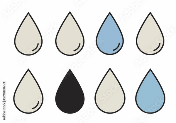 Fototapeta Stylized Water Drop Icons Collection: A Set of Minimalist Blue, Cream, and Black Liquid Symbols for Design and Environmental Themes