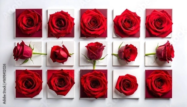 Fototapeta Red roses arranged in a grid pattern on white and burgundy squares