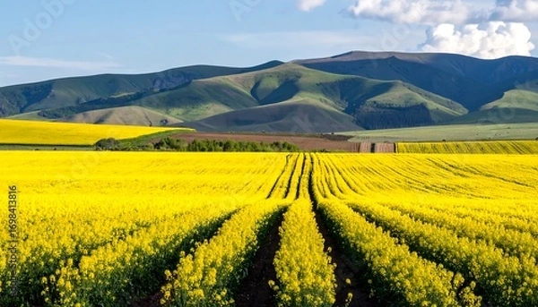 Fototapeta Vast yellow canola field stretches towards mountains