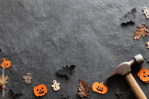 Fototapeta Halloween DIY Craft Project with Hammer Pumpkins Bats and Autumn Leaves on Dark Background.