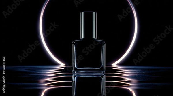 Fototapeta Sleek, high contrast black bottle is isolated against dark void, illuminated by soft glow that creates striking visual effect. reflection adds depth and elegance to composition