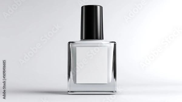 Fototapeta Clear nail polish bottle with black cap, featuring blank label for customization, set against minimalist background. design emphasizes elegance and simplicity
