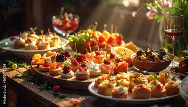 Fototapeta A lavish buffet spread of assorted appetizers and desserts, illuminated by sunlight
