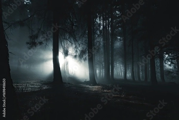 Fototapeta Mysterious bright light illuminating a dark and foggy forest at night.
