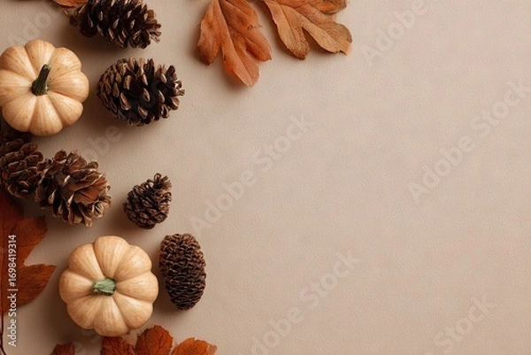 Fototapeta Autumnal flat lay border with pumpkins pinecones and leaves on a neutral background.