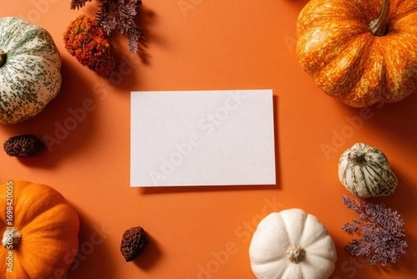 Fototapeta Autumnal flat lay with a blank white card mockup surrounded by pumpkins and dried flowers on an orange background.