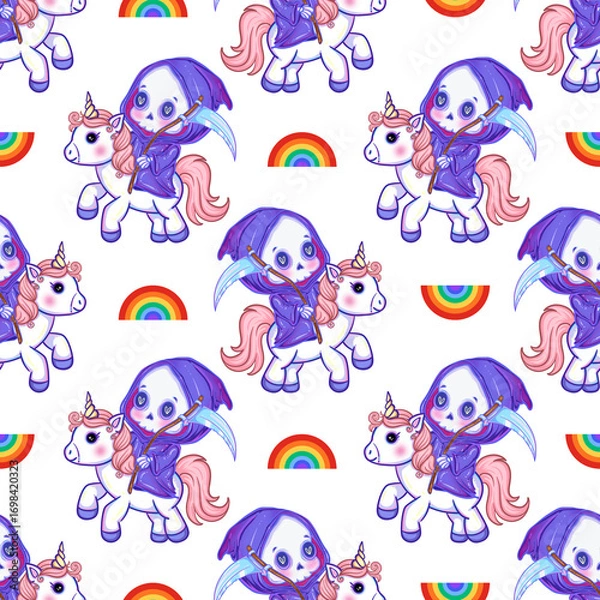 Fototapeta Kawaii Grim Reaper Riding Unicorn Seamless Pattern | Cute Halloween Digital with Transparent background