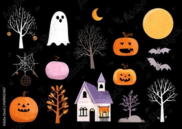 Fototapeta A collection of hand drawn Halloween illustrations with ghosts pumpkins and a haunted house.
