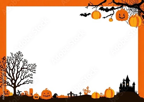 Fototapeta Spooky Halloween frame with jack o lanterns graveyard and haunted house silhouette.