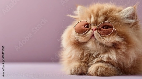 Fototapeta Fluffy cat with glasses poses on a pastel background in a cozy indoor setting during daylight