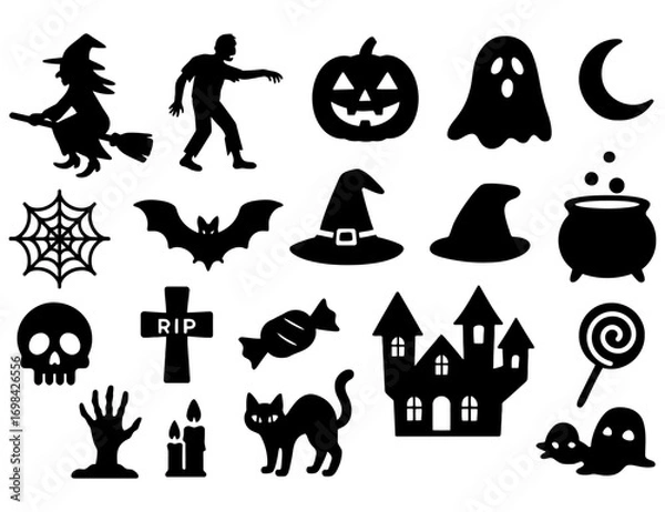 Fototapeta Halloween themed black and white images. Some of the images include a witch, a skeleton, a ghost, a pumpkin, a cat. Vector. Silhouette illustration.