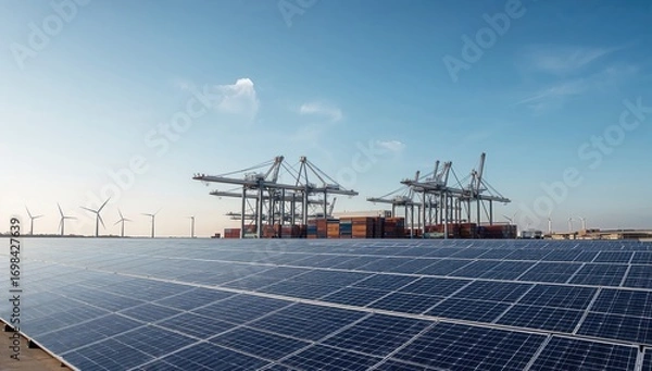 Fototapeta Solar-powered cargo port with electric cranes and rotating wind turbines operating