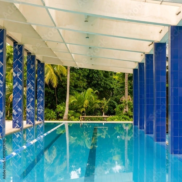 Fototapeta Tropical pool pavilion with blue columns