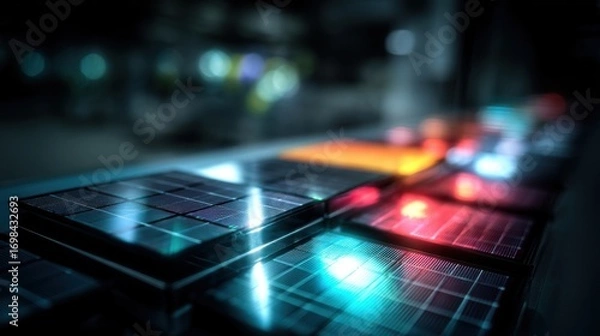 Fototapeta A near view of a freshly produced solar panel glistening under industrial lights illustrating the smooth interface between perovskite and tandem layers that contribute to the high efficiency