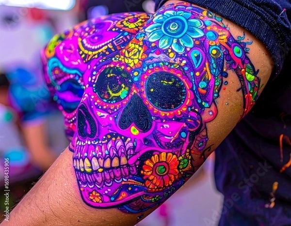 Fototapeta Vibrant colorful painted sugar skull on an arm
