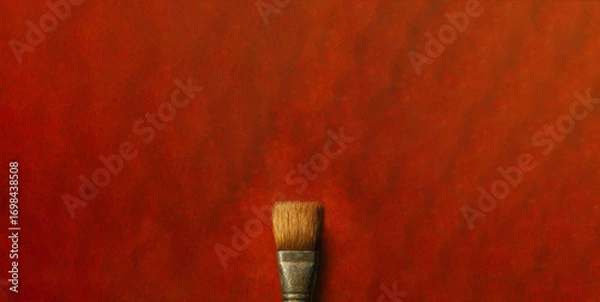 Fototapeta Paint brush on a red textured background with copy space.
