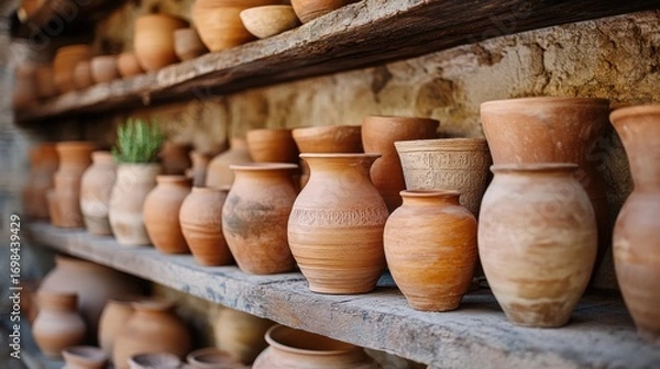 Fototapeta Rustic pottery display on wooden shelves