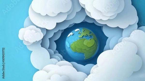 Fototapeta Earth surrounded by clouds paper cut style