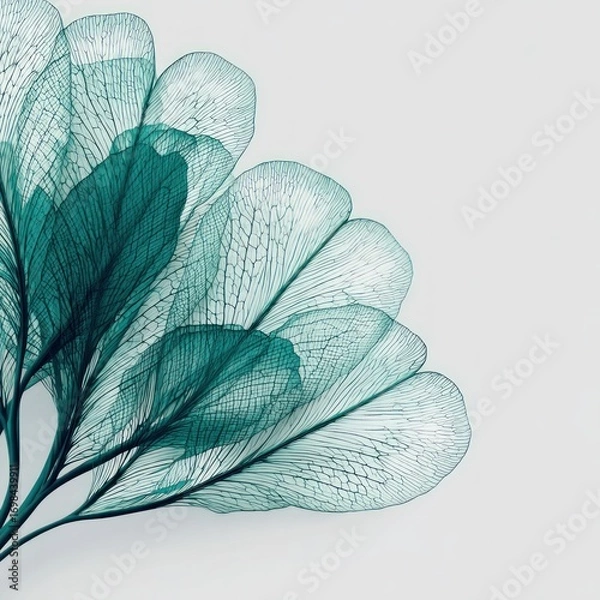 Fototapeta Delicate, teal-colored, translucent leaves form an artistic arrangement against a soft background.