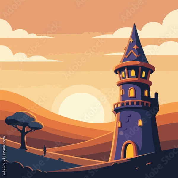 Obraz A magical wizard's tower with a pointed roof set against a backdrop of rolling hills and a golden sunset in a flat illustration style.