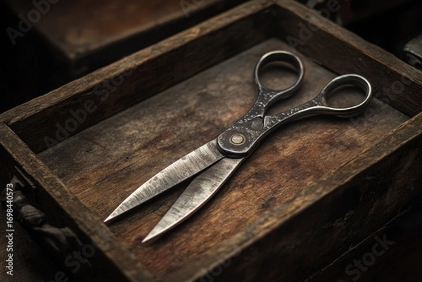 Obraz old scissors on wooden table