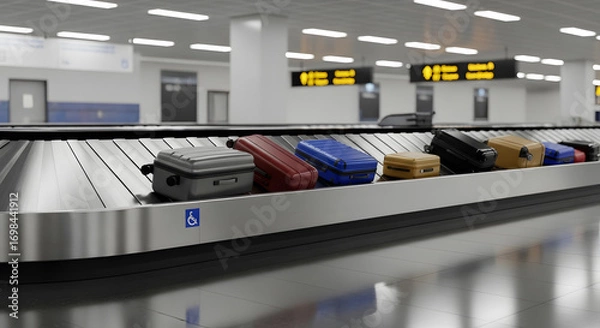 Fototapeta Suitcases on Airport Baggage Claim Conveyor Belt with Handicap Symbol, Travel Concept