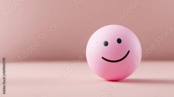 Fototapeta Smiley emoji pink ball minimal happy pastel face sphere cute cheerful round smile on soft pastel pink background, minimal composition with copy space, playful mood and clean studio lighting